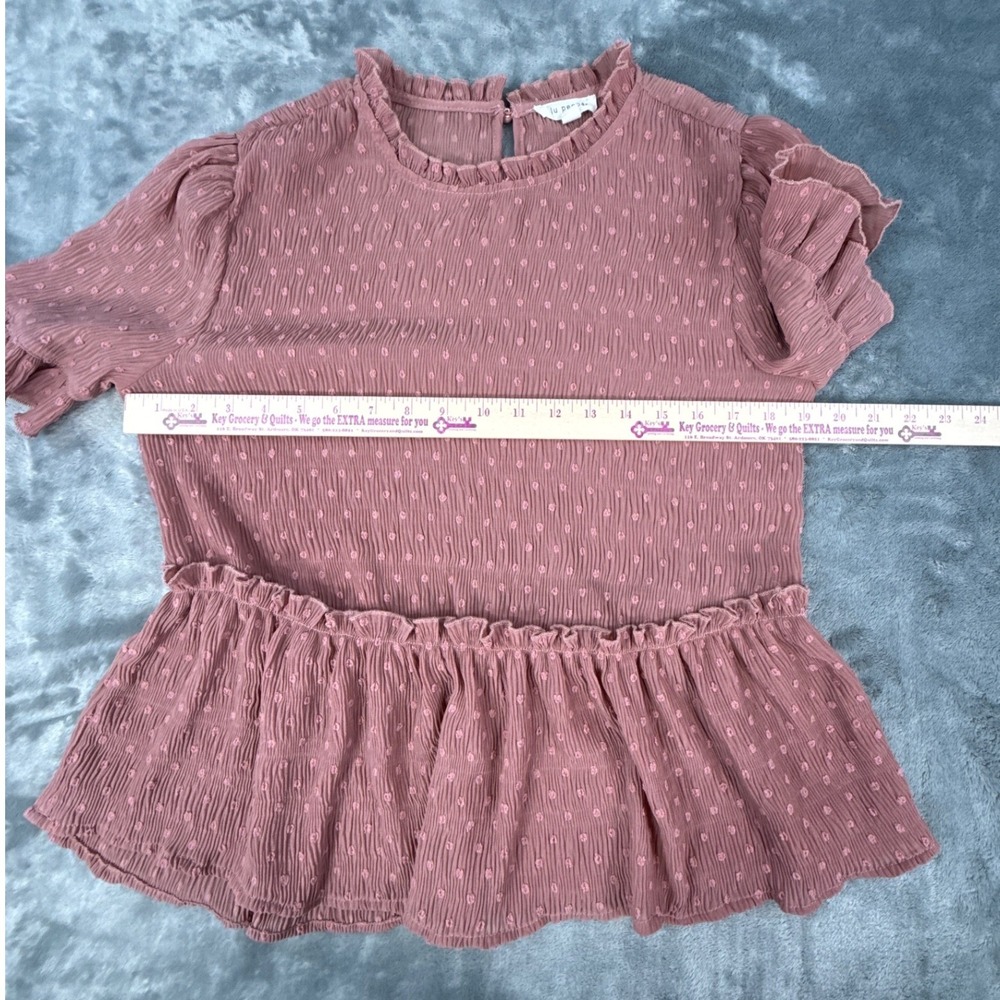 Blu Pepper Dusty Rose Pink Swiss Dot Peplum Top Ruffle Sleeve Mauve Blouse Large - Picture 4 of 9
